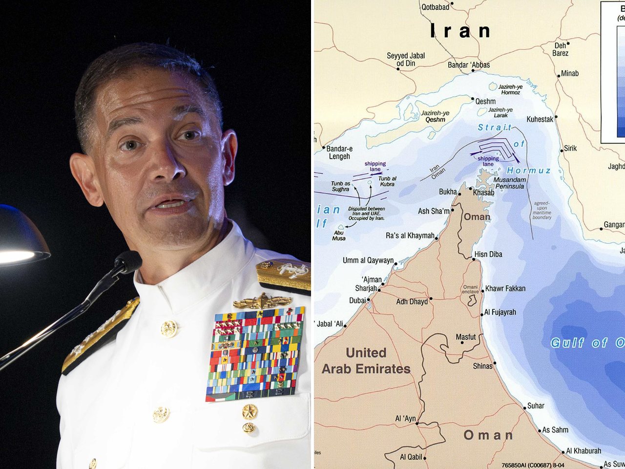 US Central Command chief Admiral Brad Cooper and the Strait of Hormuz (file photos)