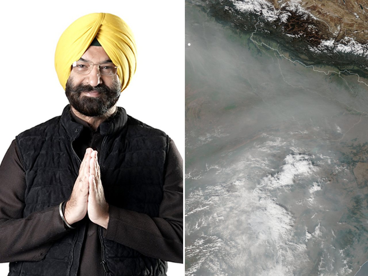 Delhi minister Manjinder Singh Sirsa and a satellite image of smog over Delhi (file photos)