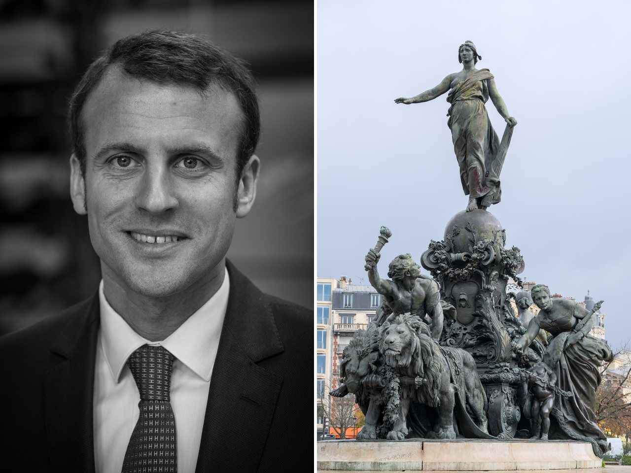 French President Emmanuel Macron (file photo) and Place de la République, Paris
