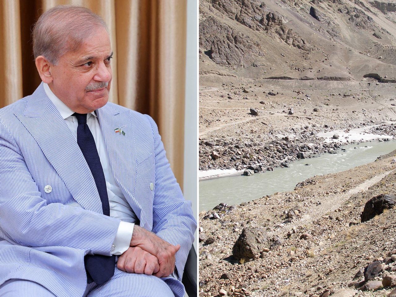 Pakistan Prime Minister Shehbaz Sharif and the Indus river (file photos)